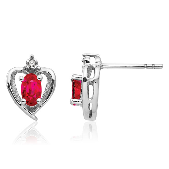 14K Solid White Gold Red Ruby Diamond Heart Stud Earrings July Birthstone Jewelry