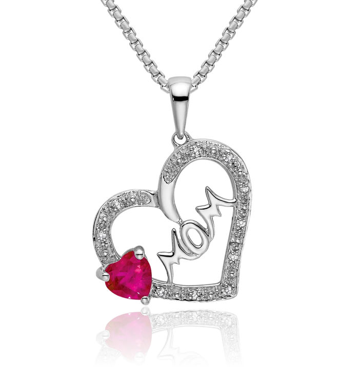 14K Solid White Gold Red Ruby Diamond Mom Heart Necklace Mama Charm Gemstone Mother Pendant