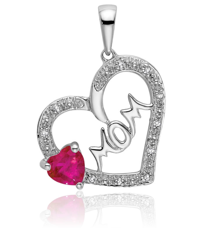 14K Solid White Gold Red Ruby Diamond Mom Heart Necklace Mama Charm Gemstone Mother Pendant