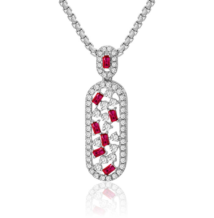 14K Solid White Gold Red Ruby Diamond Oval Floating Chain Slide Gemstone Pendant Necklace Charm