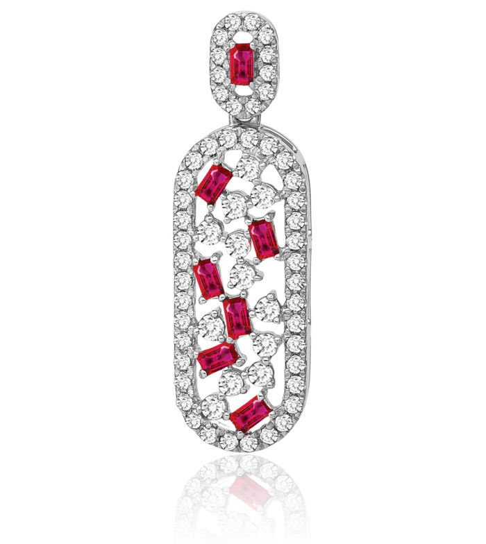 14K Solid White Gold Red Ruby Diamond Oval Floating Chain Slide Gemstone Pendant Necklace Charm