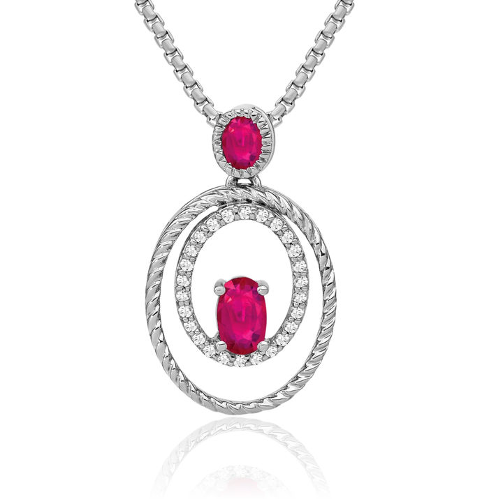 14K Solid White Gold Red Ruby Diamond Oval Necklace Charm Gemstone Pendant