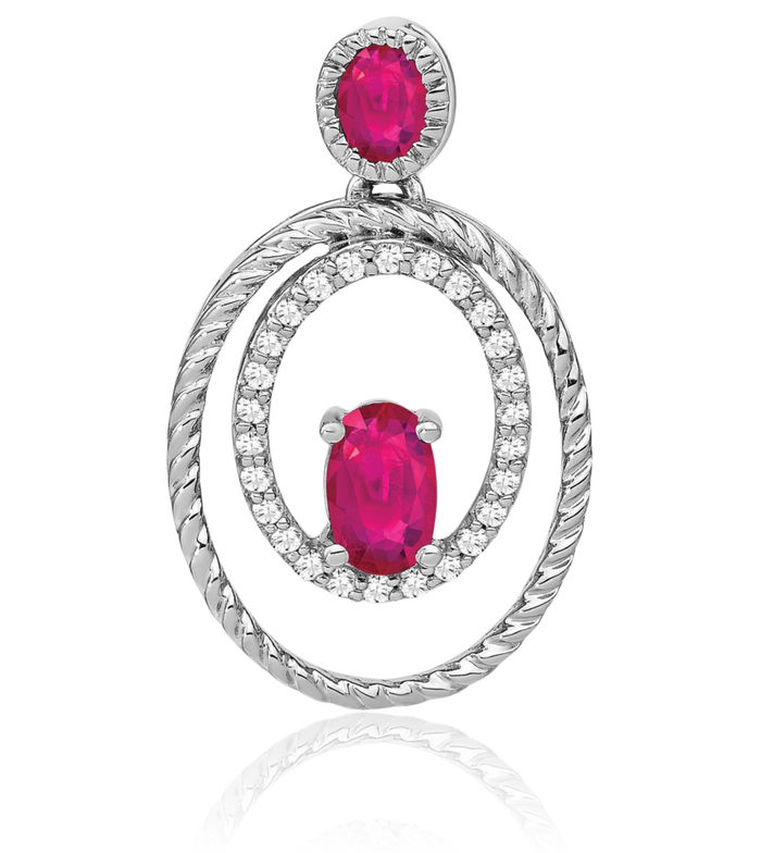 14K Solid White Gold Red Ruby Diamond Oval Necklace Charm Gemstone Pendant