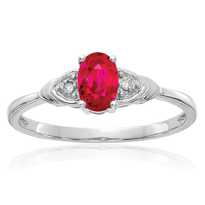 14K Solid White Gold Red Ruby Diamond Ring July Birthstone Jewelry