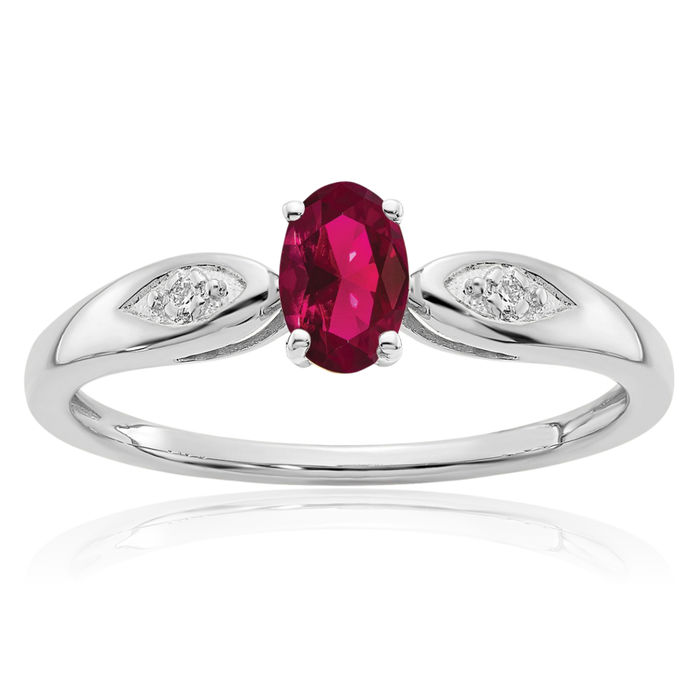 14K Solid White Gold Red Ruby Diamond Ring July Birthstone Jewelry
