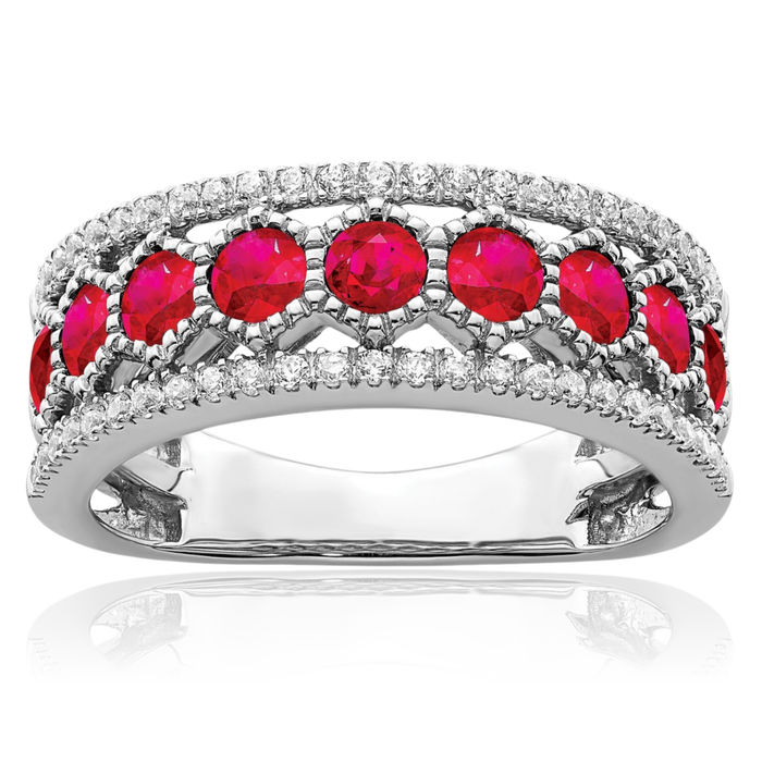 14K Solid White Gold Red Ruby Diamond Ring Gemstone Band July Birthstone Jewelry