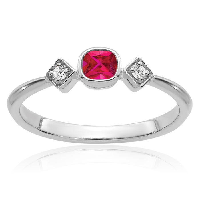 14K Solid White Gold Red Ruby Diamond Ring Gemstone Band July Birthstone Jewelry