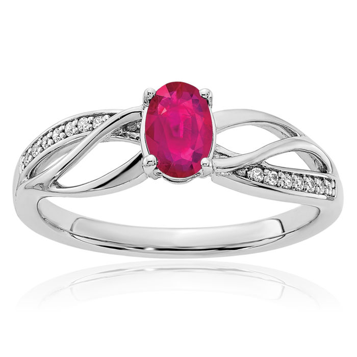 14K Solid White Gold Red Ruby Diamond Ring Gemstone Band July Birthstone Jewelry