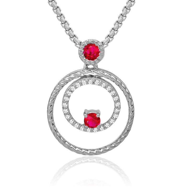 14K Solid White Gold Red Ruby Diamond Circle Round Necklace Charm Gemstone Pendant