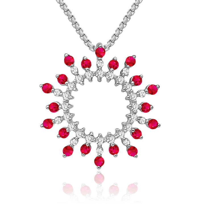 14K Solid White Gold Red Ruby Diamond Snowflake Floating Chain Slide Gemstone Pendant Necklace Charm