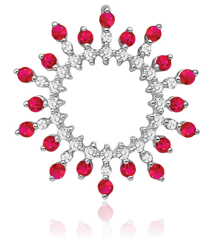 14K Solid White Gold Red Ruby Diamond Snowflake Floating Chain Slide Gemstone Pendant Necklace Charm