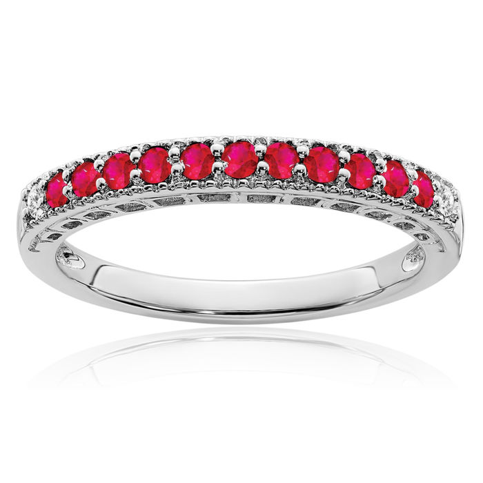 14K Solid White Gold Red Ruby Diamond Wedding Band Ring Gemstone July Birthstone Jewelry