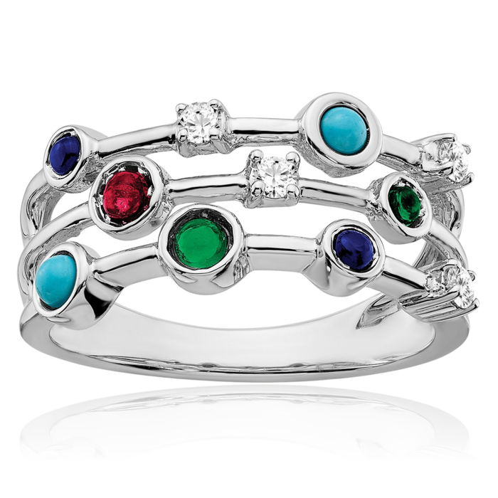 14K Solid White Gold Red Ruby Green Emerald Lab Blue Sapphire Topaz Turquoise Ring Gemstone Band