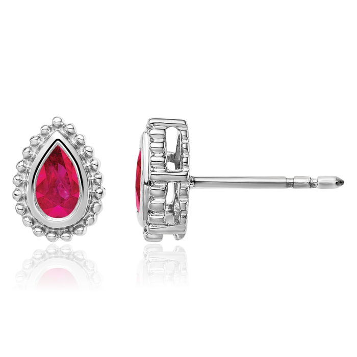 14K Solid White Gold Red Ruby Studs Pear Teardrop Gemstone Earrings July Birthstone Jewelry