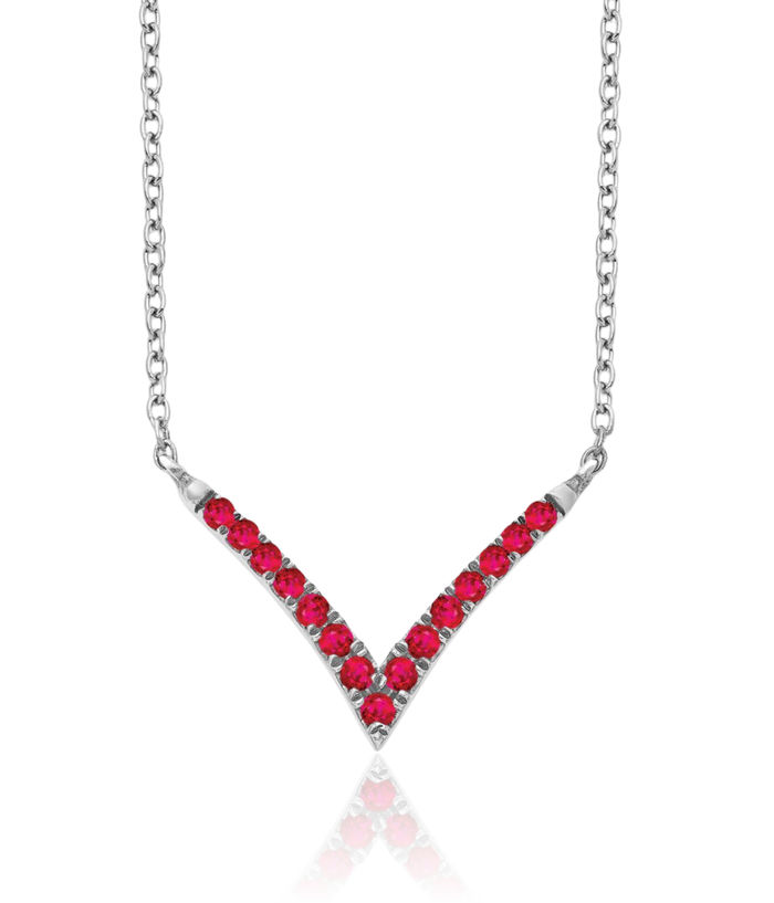 14K Solid White Gold Red Ruby V Chain Bar Necklace