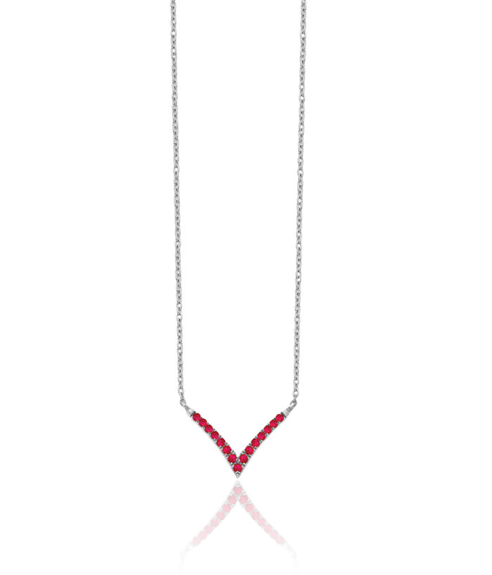 14K Solid White Gold Red Ruby V Chain Bar Necklace