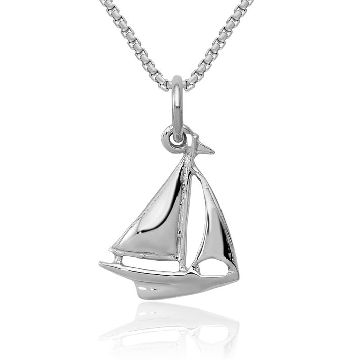 14K Solid White Gold Sailboat Necklace Chain Pendant Charm