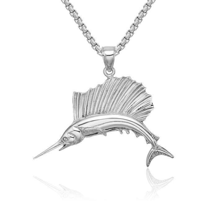 14K Solid White Gold Sailfish Necklace Chain Pendant Charm
