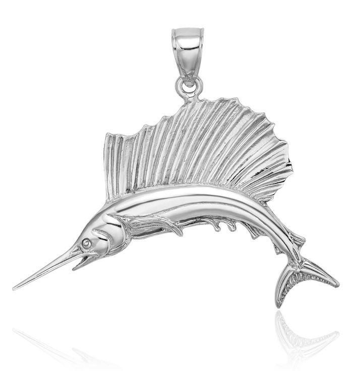 14K Solid White Gold Sailfish Necklace Chain Pendant Charm