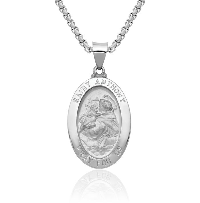 14K Solid White Gold Saint Anthony Medal Necklace Chain Pendant Charm