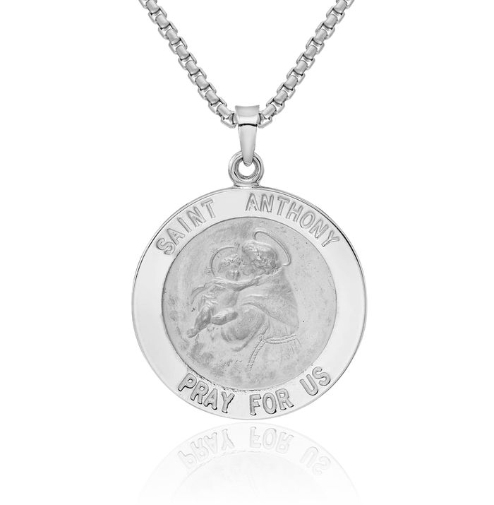 14K Solid White Gold Saint Anthony Medal Necklace Chain Pendant Charm