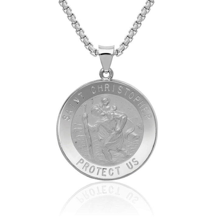 14K Solid White Gold Saint Christopher Medal Patron of Travelers Athletes Protection Necklace Christian Religious Chain Pendant Faith Charm
