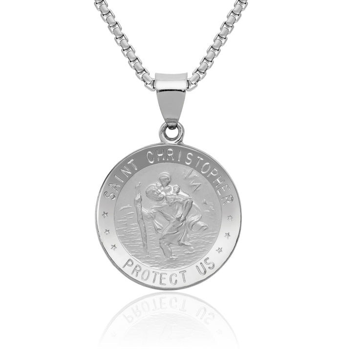 14K Solid White Gold Saint Christopher Medal Patron of Travelers Athletes Protection Necklace Christian Religious Chain Pendant Faith Charm