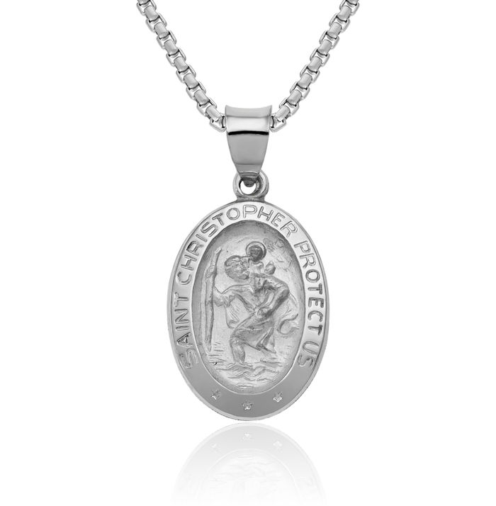 14K Solid White Gold Saint Christopher Medal Patron of Travelers Athletes Protection Necklace Christian Religious Chain Pendant Faith Charm