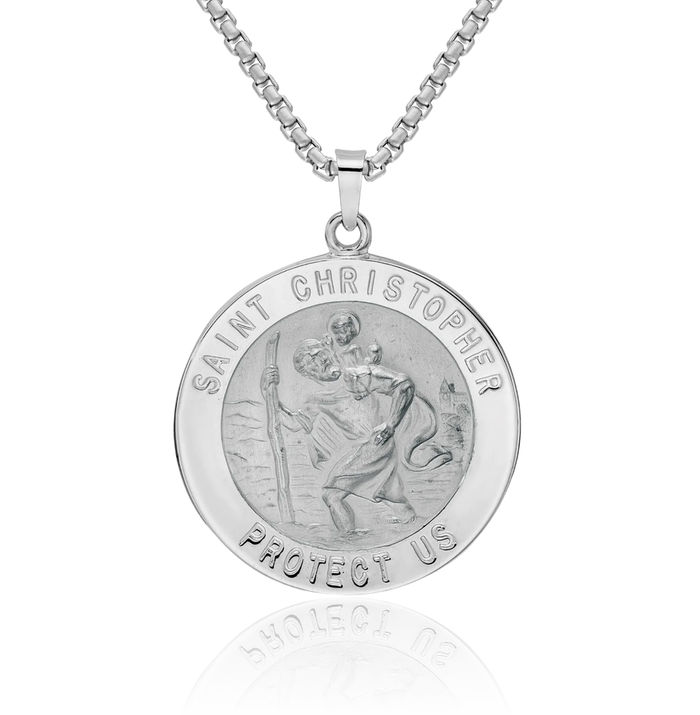 14K Solid White Gold Saint Christopher Medal Patron of Travelers Athletes Protection Necklace Christian Religious Chain Pendant Faith Charm