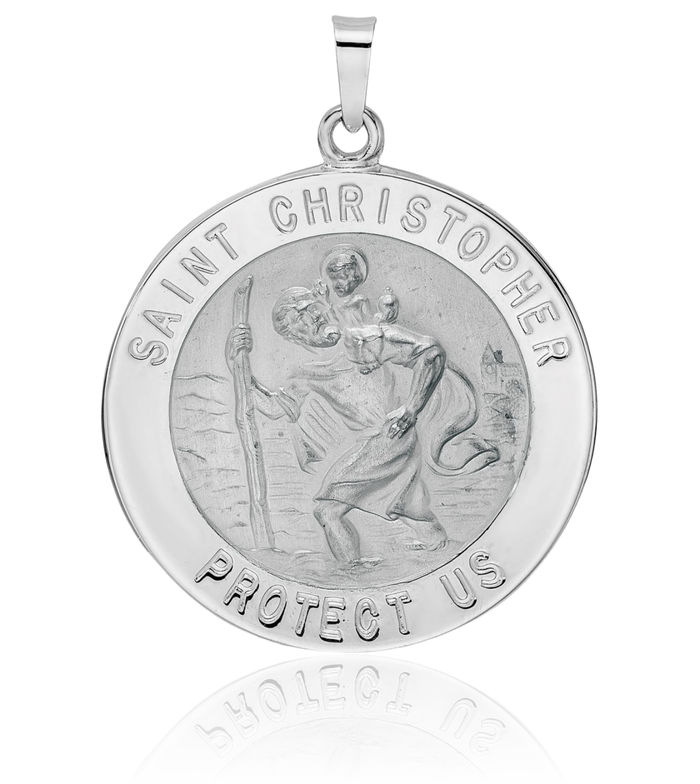 14K Solid White Gold Saint Christopher Medal Patron of Travelers Athletes Protection Necklace Christian Religious Chain Pendant Faith Charm