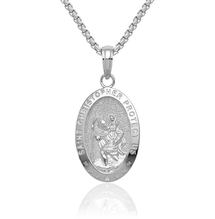 14K Solid White Gold Saint Christopher Medal Patron of Travelers Athletes Protection Necklace Christian Religious Chain Pendant Faith Charm