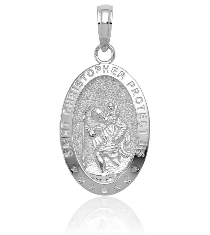 14K Solid White Gold Saint Christopher Medal Patron of Travelers Athletes Protection Necklace Christian Religious Chain Pendant Faith Charm