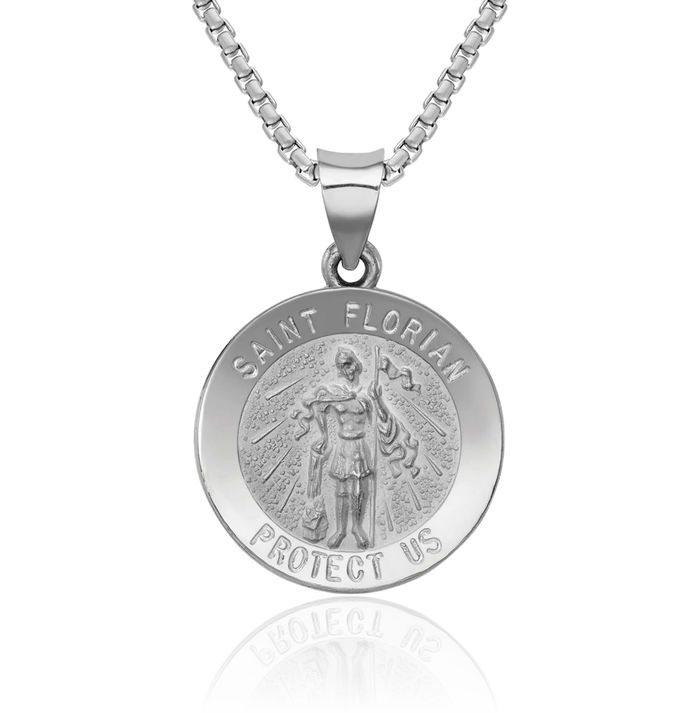 14K Solid White Gold Saint Florian Medal Necklace Chain Pendant Charm