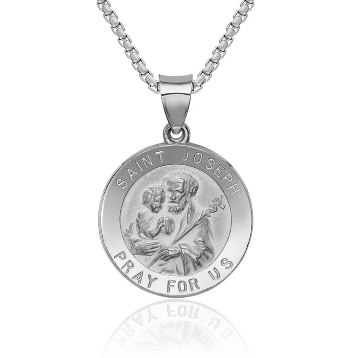 14K Solid White Gold Saint Joseph Medal Necklace Chain Pendant Charm