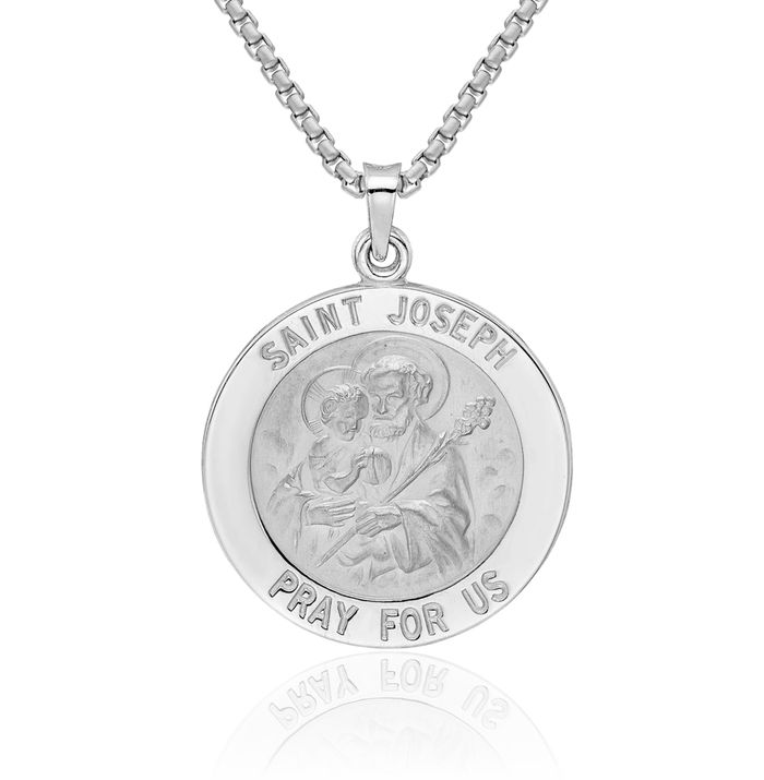 14K Solid White Gold Saint Joseph Medal Necklace Chain Pendant Charm