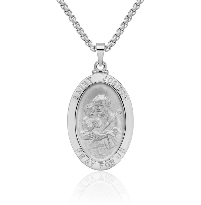 14K Solid White Gold Saint Joseph Oval Medal Necklace Chain Pendant Charm