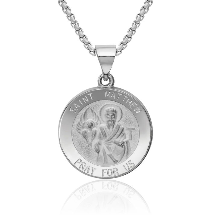 14K Solid White Gold Saint Matthew Medal Necklace Chain Pendant Charm