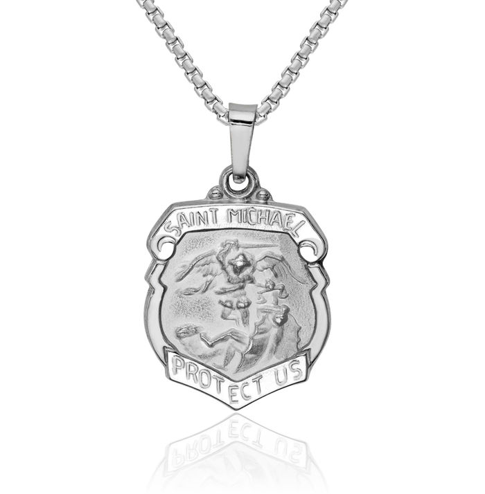 14K Solid White Gold Saint Michael Medal Protects Us Patron Archangel Guardian Angel Wings Necklace Christian Religious Chain Pendant Faith Charm