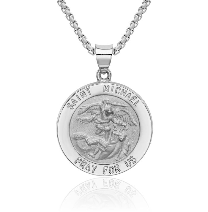 14K Solid White Gold Saint Michael Medal Protects Us Patron Archangel Guardian Angel Wings Necklace Christian Religious Chain Pendant Faith Charm