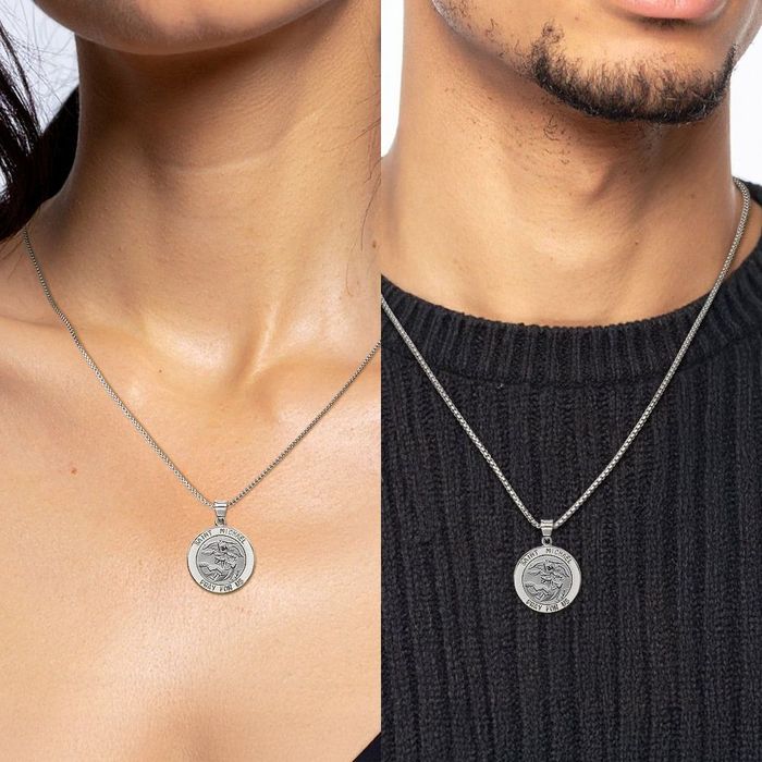 14K Solid White Gold Saint Michael Medal Protects Us Patron Archangel Guardian Angel Wings Necklace Christian Religious Chain Pendant Faith Charm