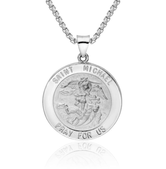 14K Solid White Gold Saint Michael Medal Protects Us Patron Archangel Guardian Angel Wings Necklace Christian Religious Chain Pendant Faith Charm