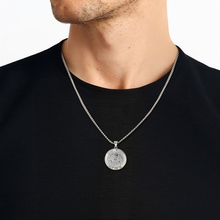 14K Solid White Gold Saint Michael Medal Protects Us Patron Archangel Guardian Angel Wings Necklace Christian Religious Chain Pendant Faith Charm