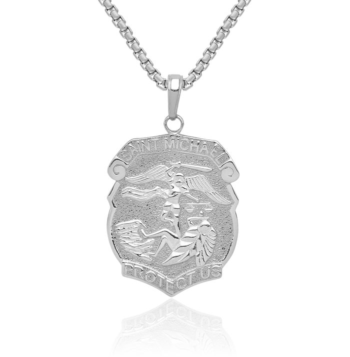 14K Solid White Gold Saint Michael Protect Us Medal Protects Patron Archangel Guardian Angel Wings Necklace Christian Religious Chain Pendant Faith Charm