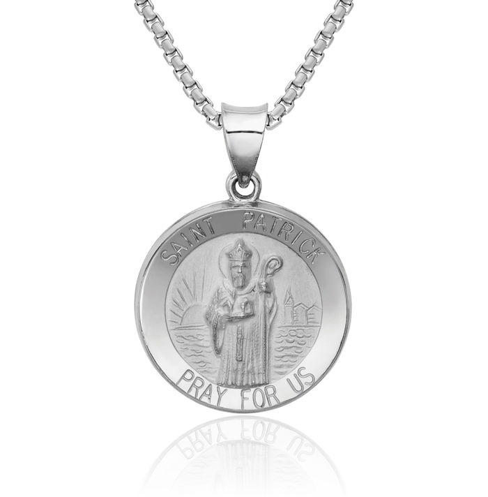 14K Solid White Gold Saint Patrick Medal Necklace Chain Pendant Charm