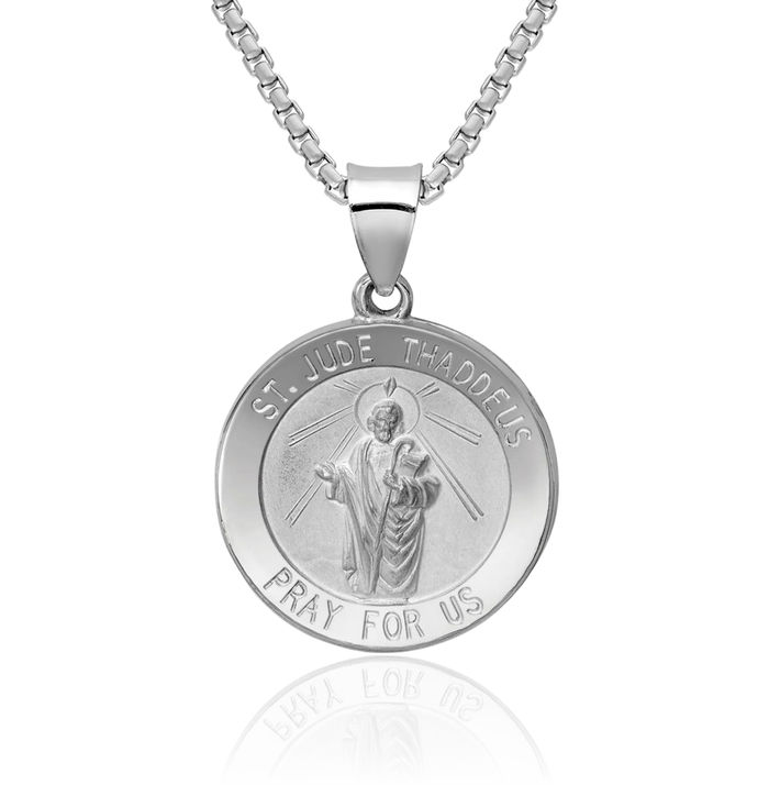 14K Solid White Gold San Judas Tadeo St Jude Patron Saint Thaddeus Medal Necklace Chain Pendant Charm