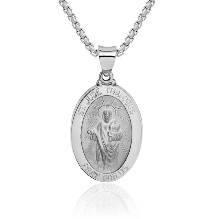 14K Solid White Gold San Judas Tadeo St Jude Patron Saint Thaddeus Medal Necklace Chain Pendant Charm