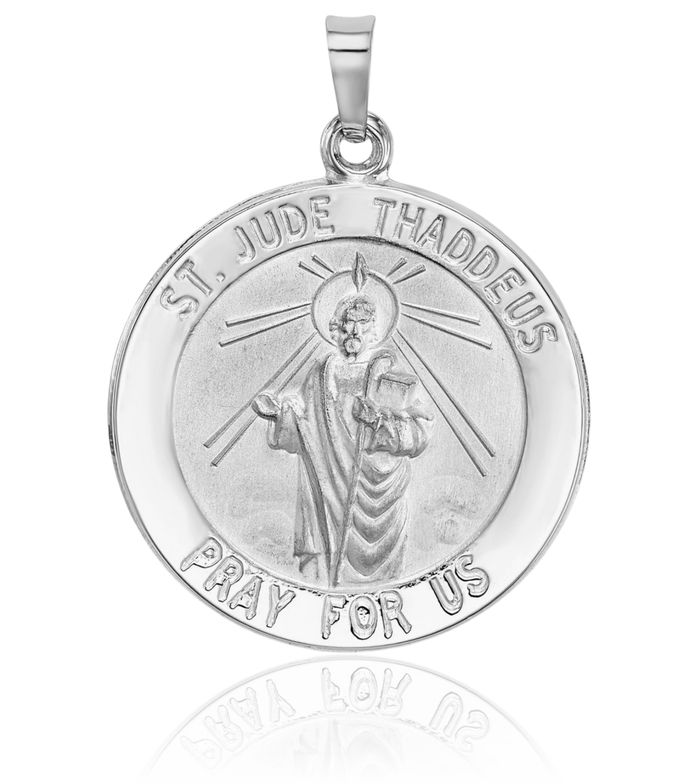 14K Solid White Gold San Judas Tadeo St Jude Patron Saint Thaddeus Medal Necklace Chain Pendant Charm