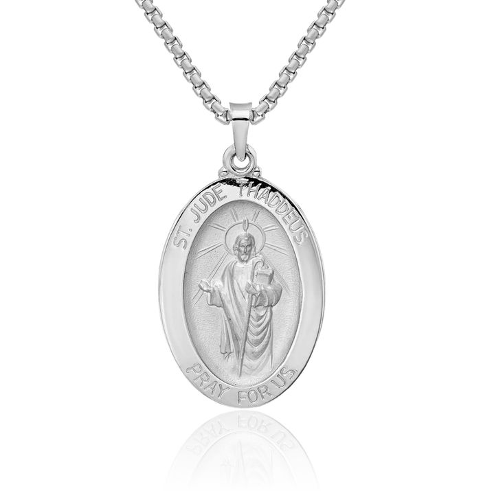 14K Solid White Gold San Judas Tadeo St Jude Patron Saint Thaddeus Oval Medal Necklace Chain Pendant Charm