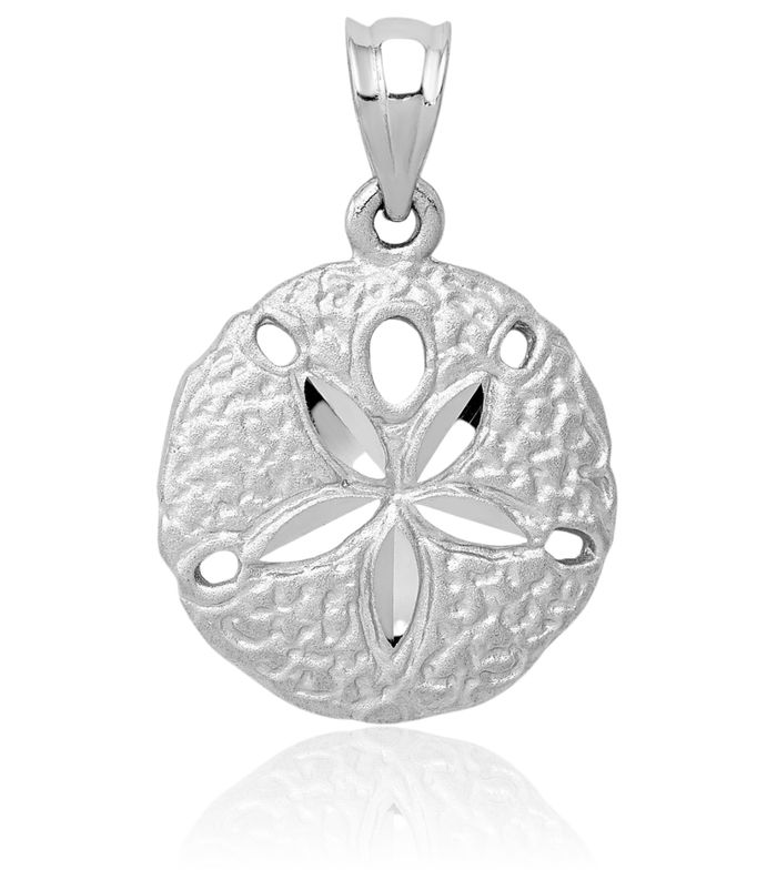 14K Solid White Gold Sand Dollar Necklace Chain Pendant Charm