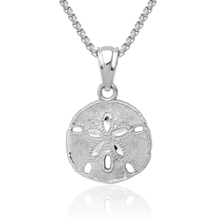 14K Solid White Gold Sand Dollar Sea Star Starfish Necklace Chain Pendant Charm